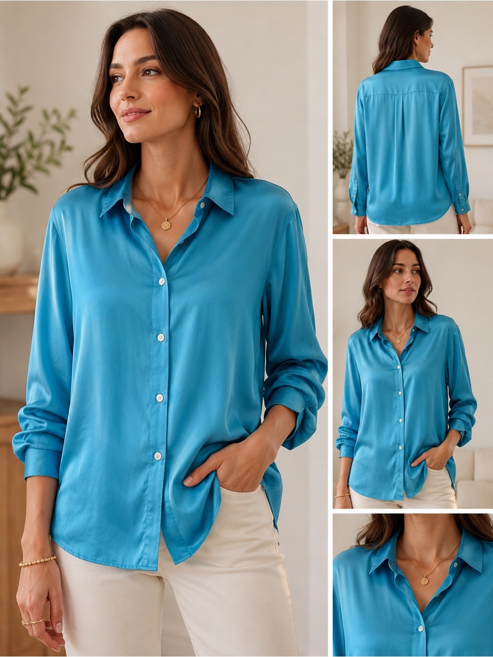 Vintage Turquoise Silk Button Up Blouse | Oversized Coastal Resort Shirt